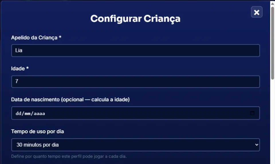 Daily time-limit settings on the real platform, using a demonstration parent account.